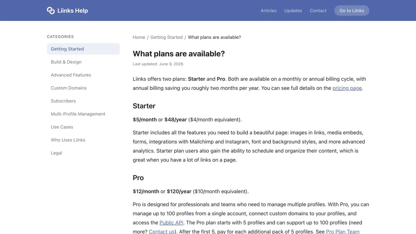 Liinks.co plan guide showing current plan options.