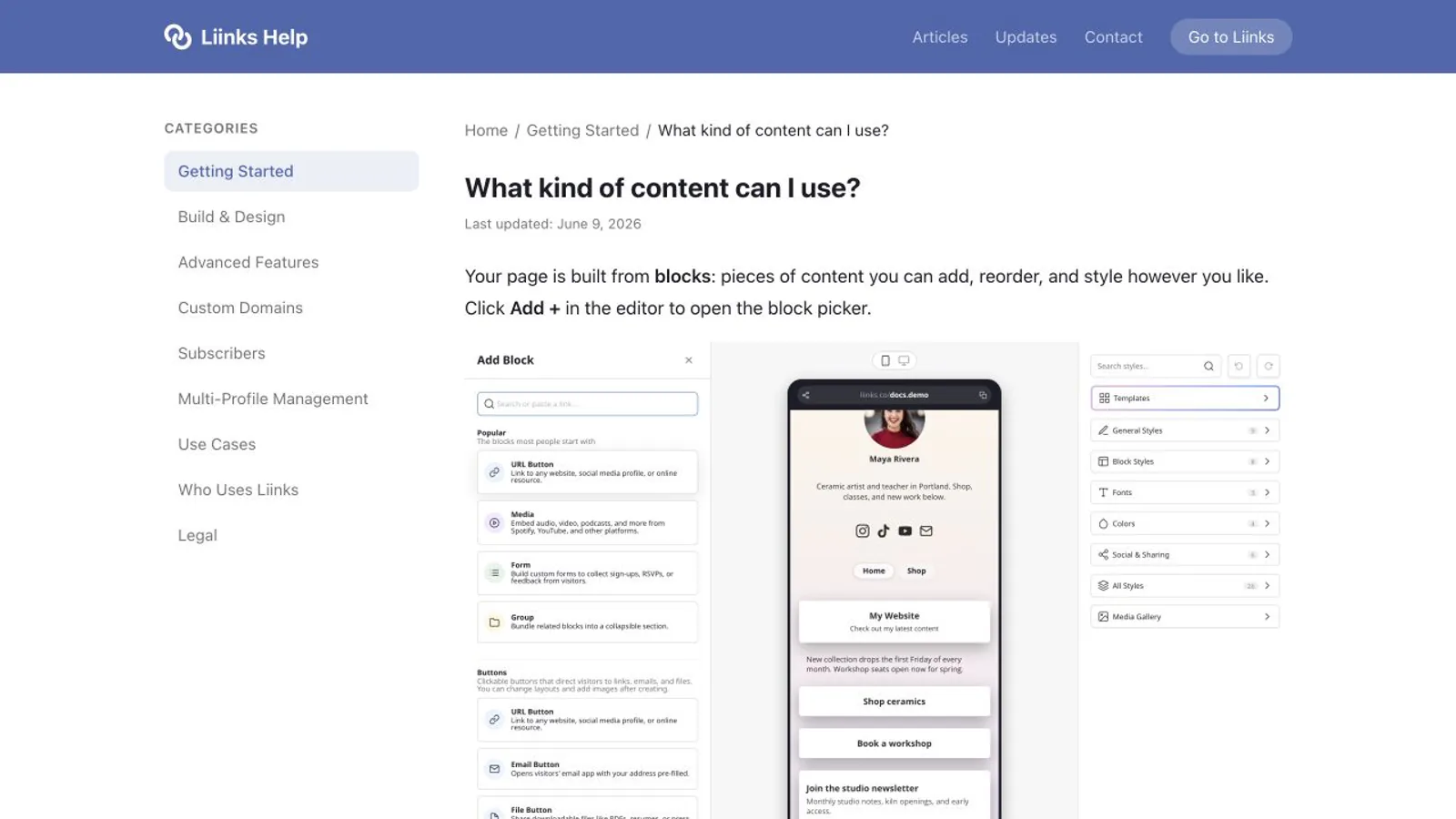 Liinks.co help page showing supported content types.