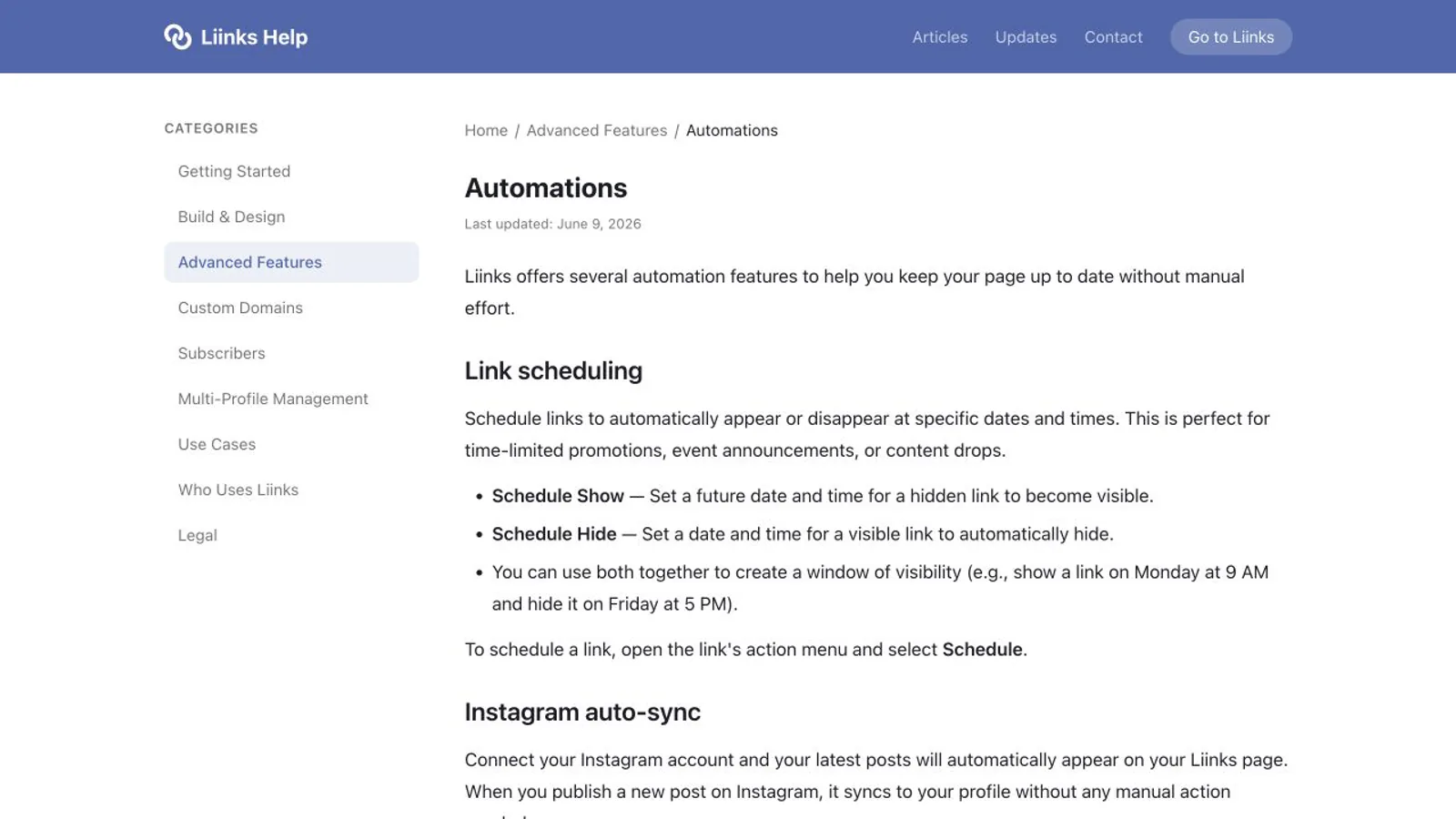 Liinks.co help page showing its automation feature.