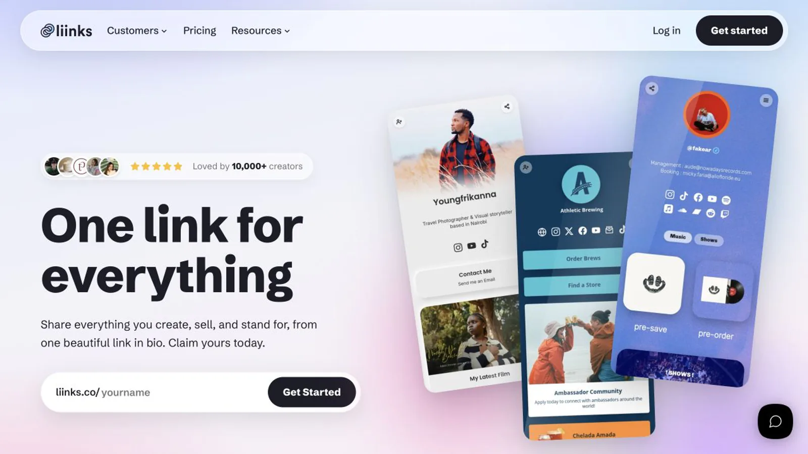 Liinks homepage showing visual link-in-bio profiles for creators and businesses.