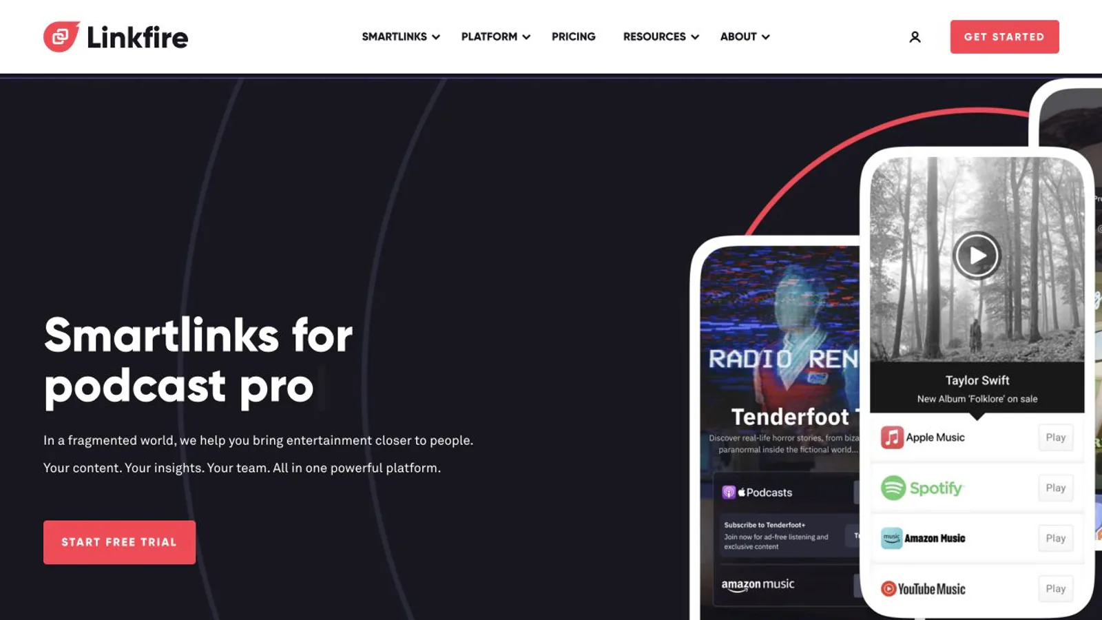Linkfire homepage showing music marketing and attribution tools.