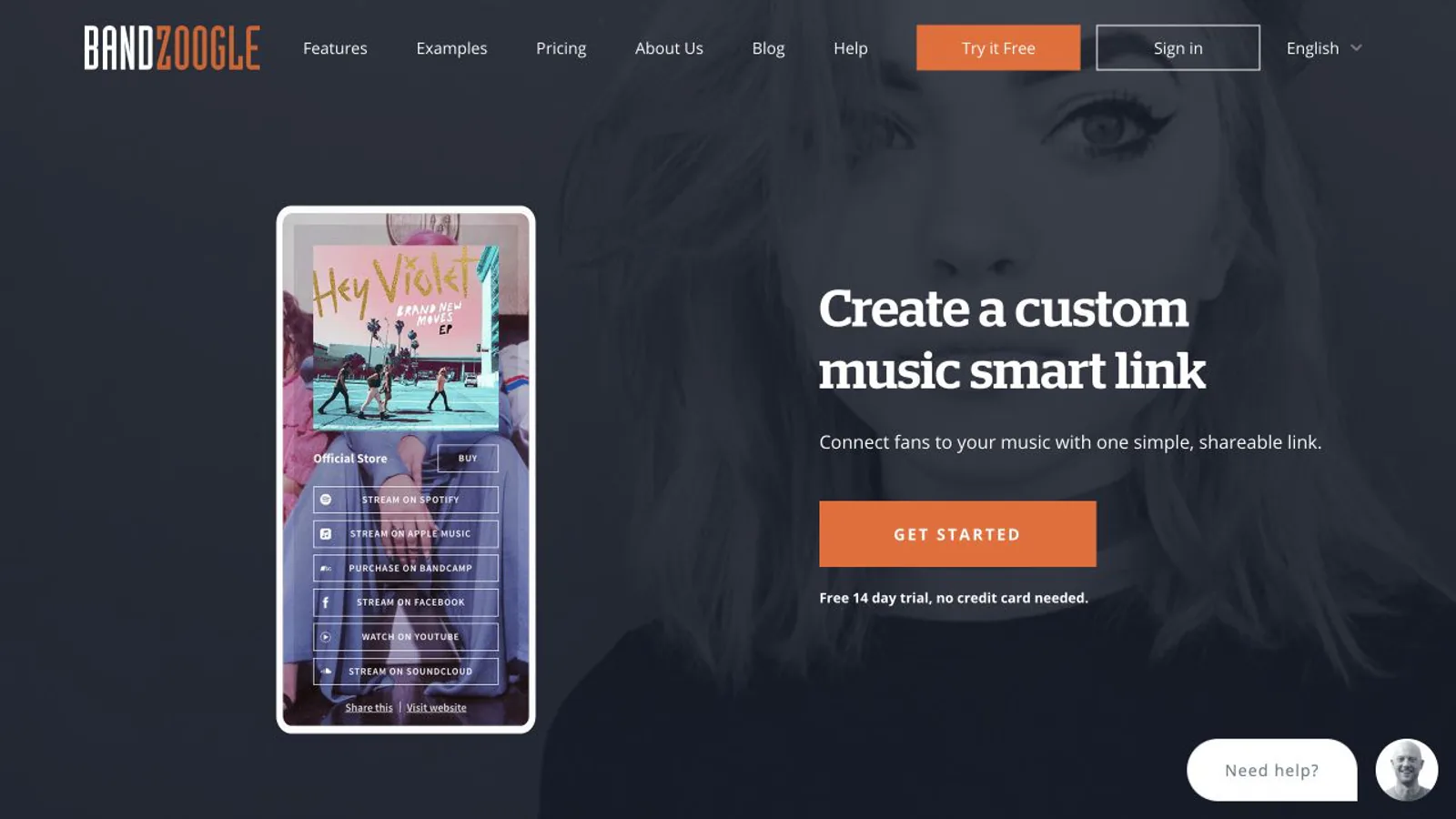 Bandzoogle smart-links page showing music-release destinations.
