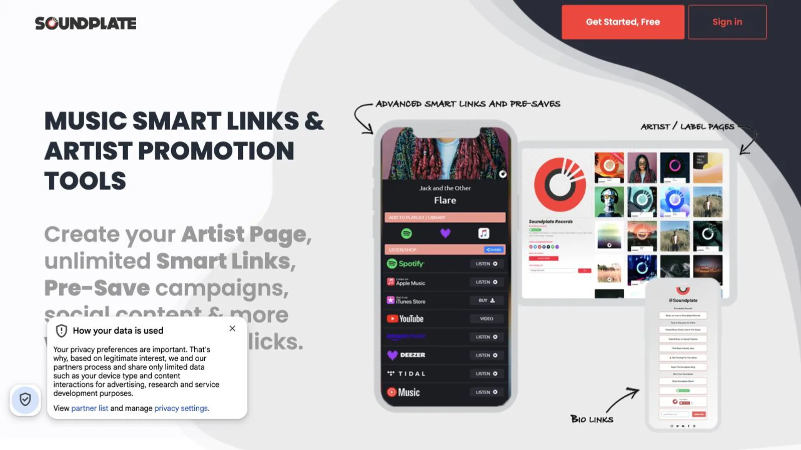 Soundplate Clicks homepage showing music promotion links.