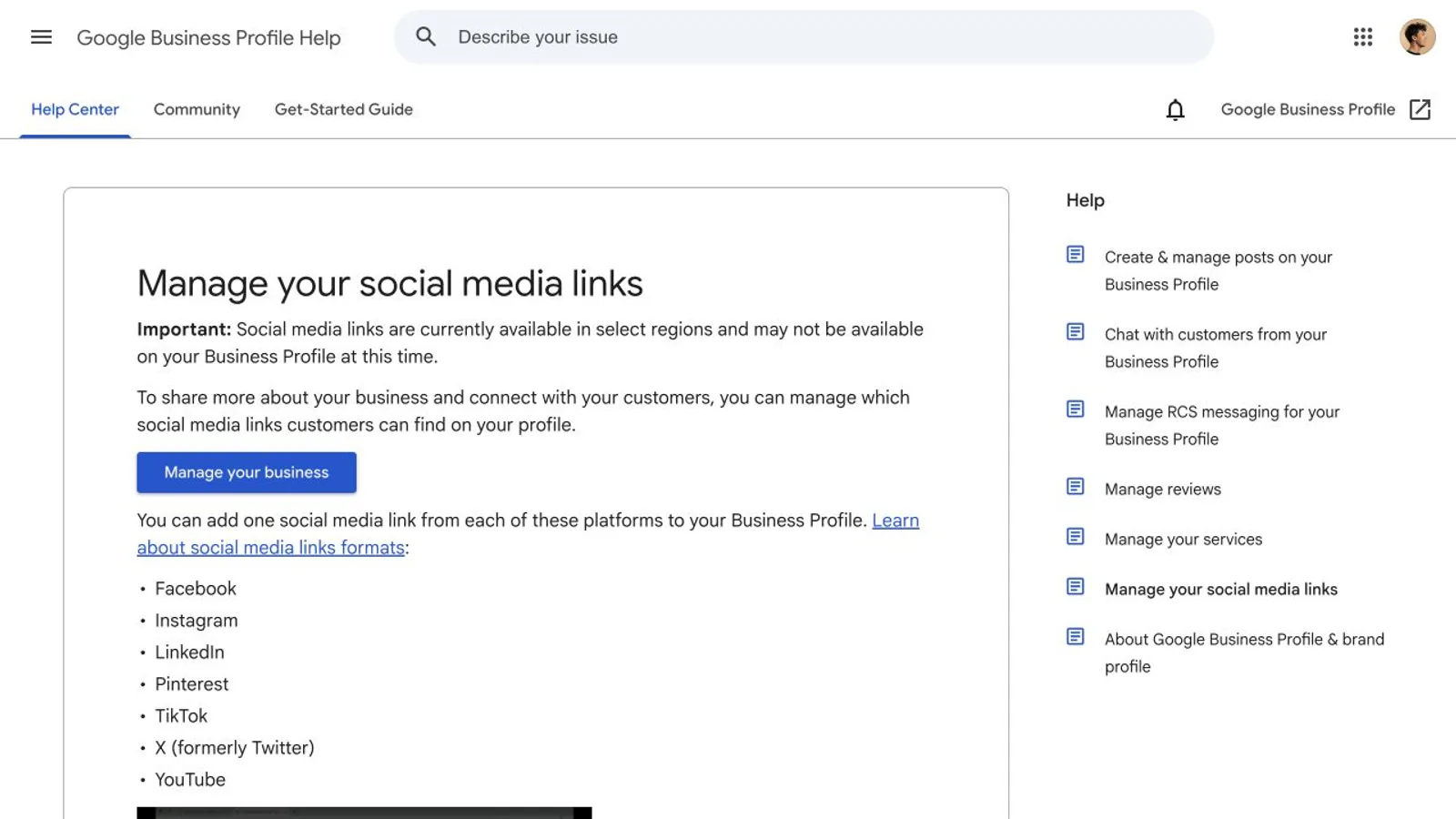 Google Business Profile help page showing social-link management.