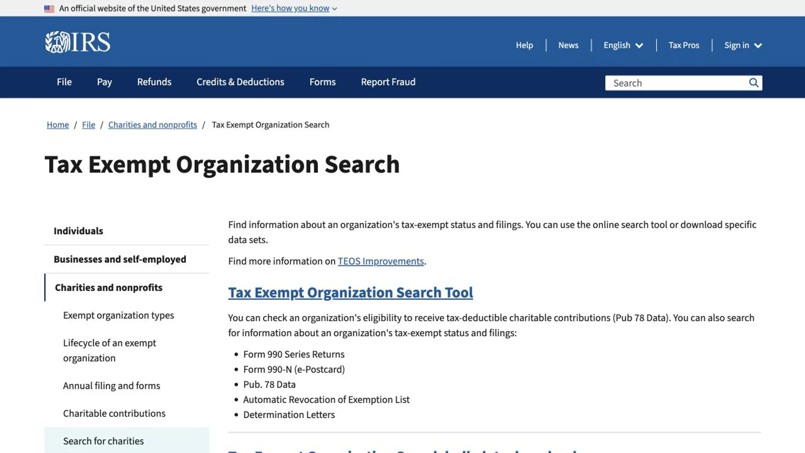 IRS Tax Exempt Organization Search page for verifying nonprofit status.
