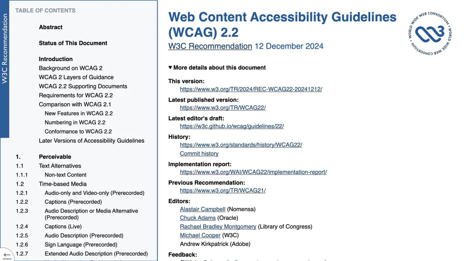 W3C Web Content Accessibility Guidelines 2.2 page.