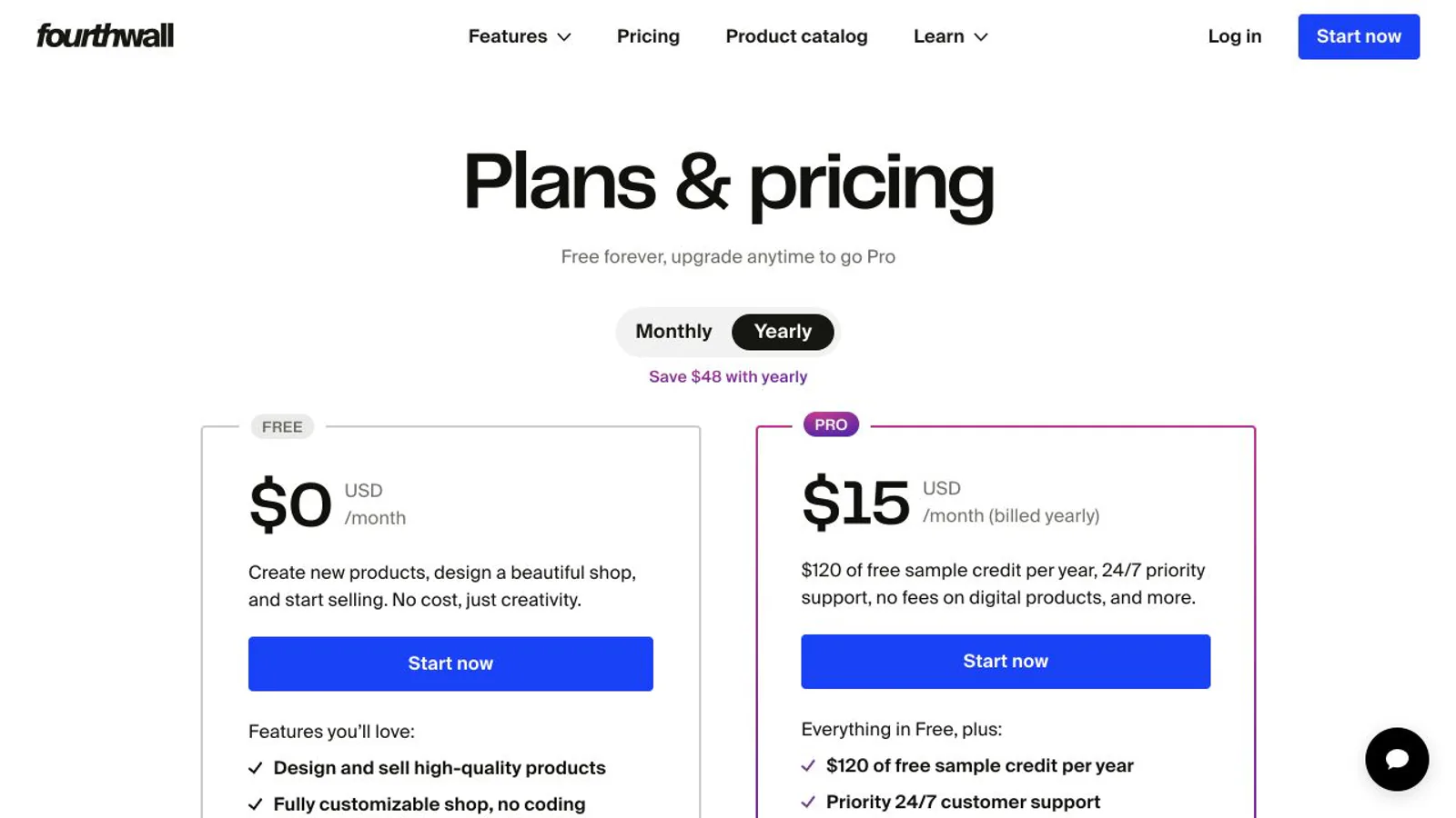 Fourthwall pricing page showing creator-shop features.