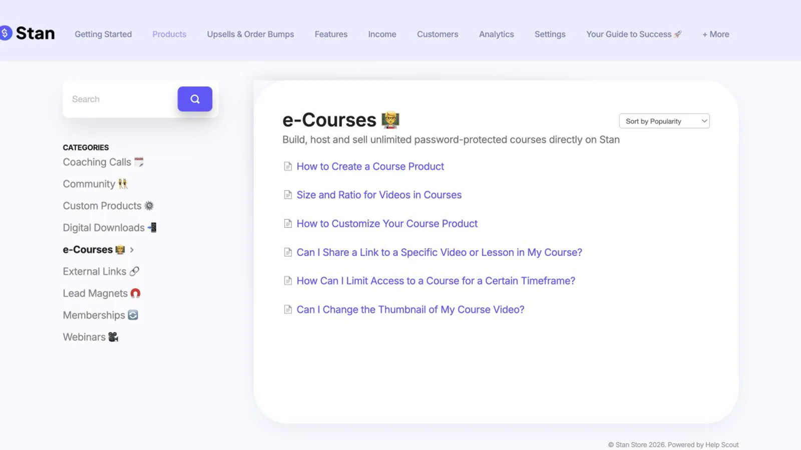 Stan help center showing course-management documentation.