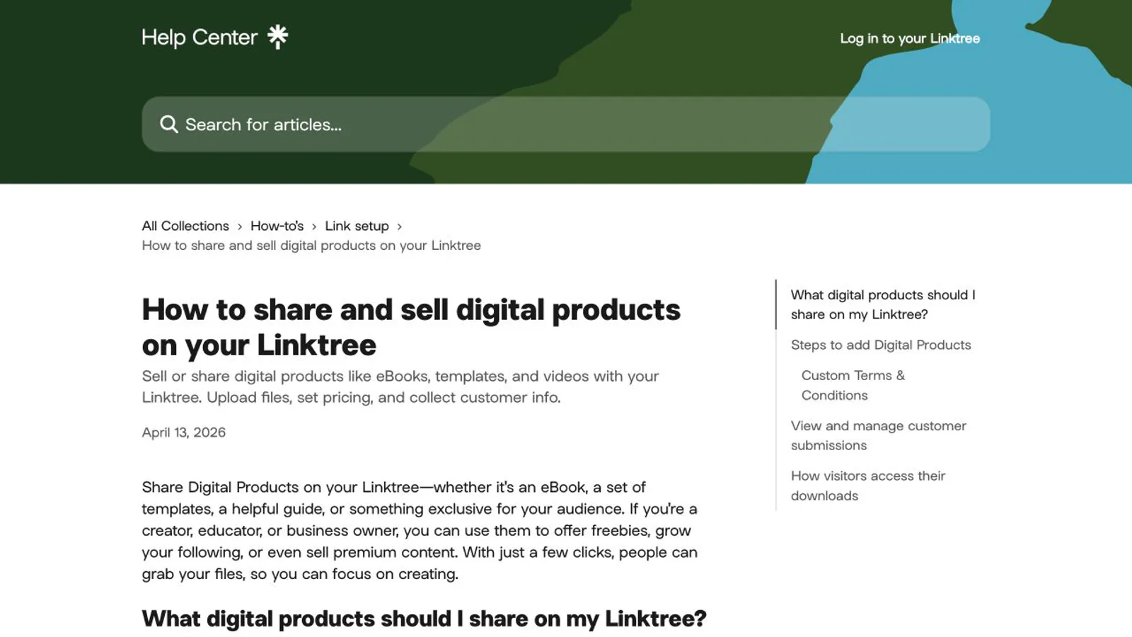 Linktree guide showing how to share and sell digital products.