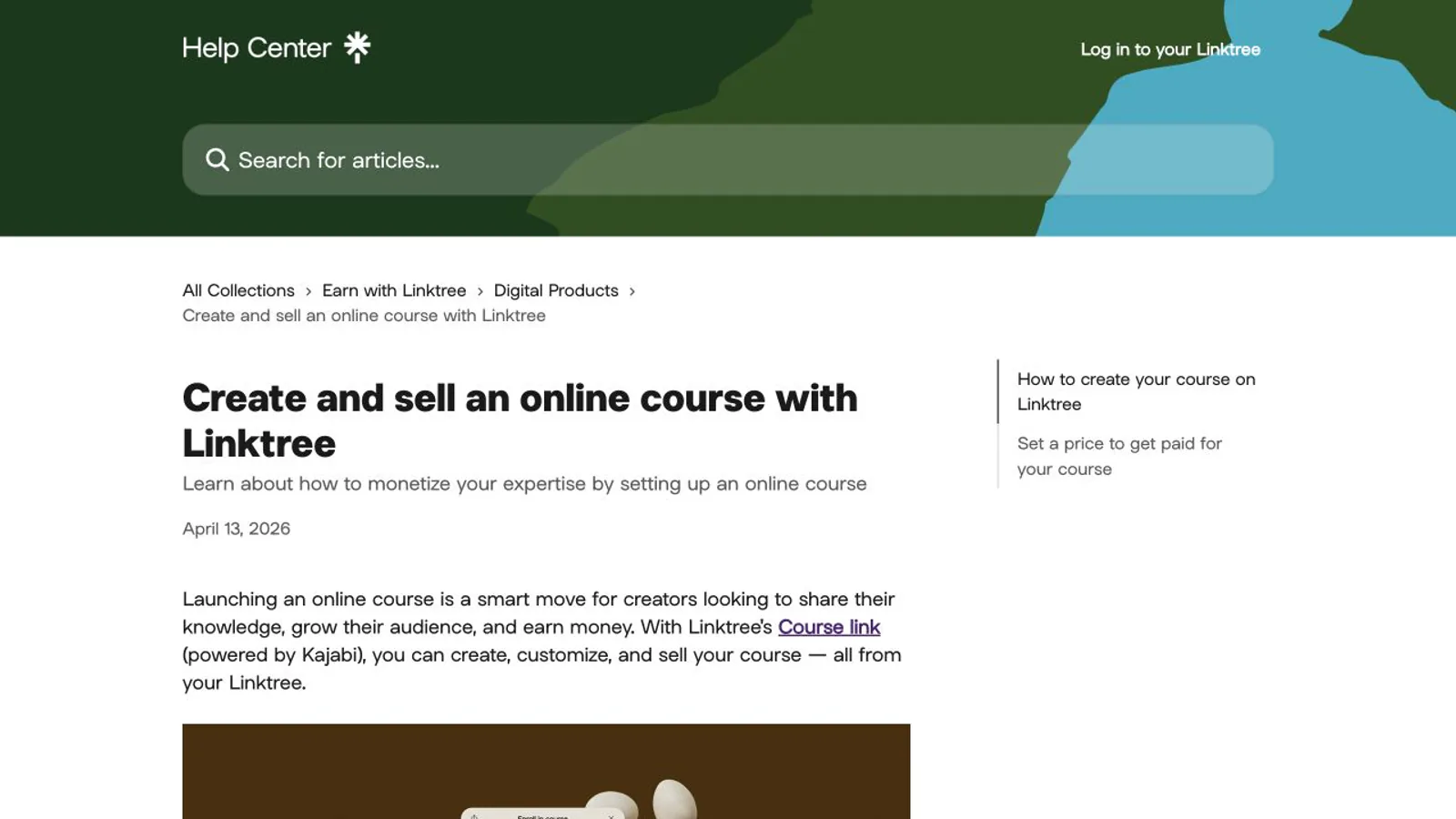 Linktree help page showing online-course creation and sales.