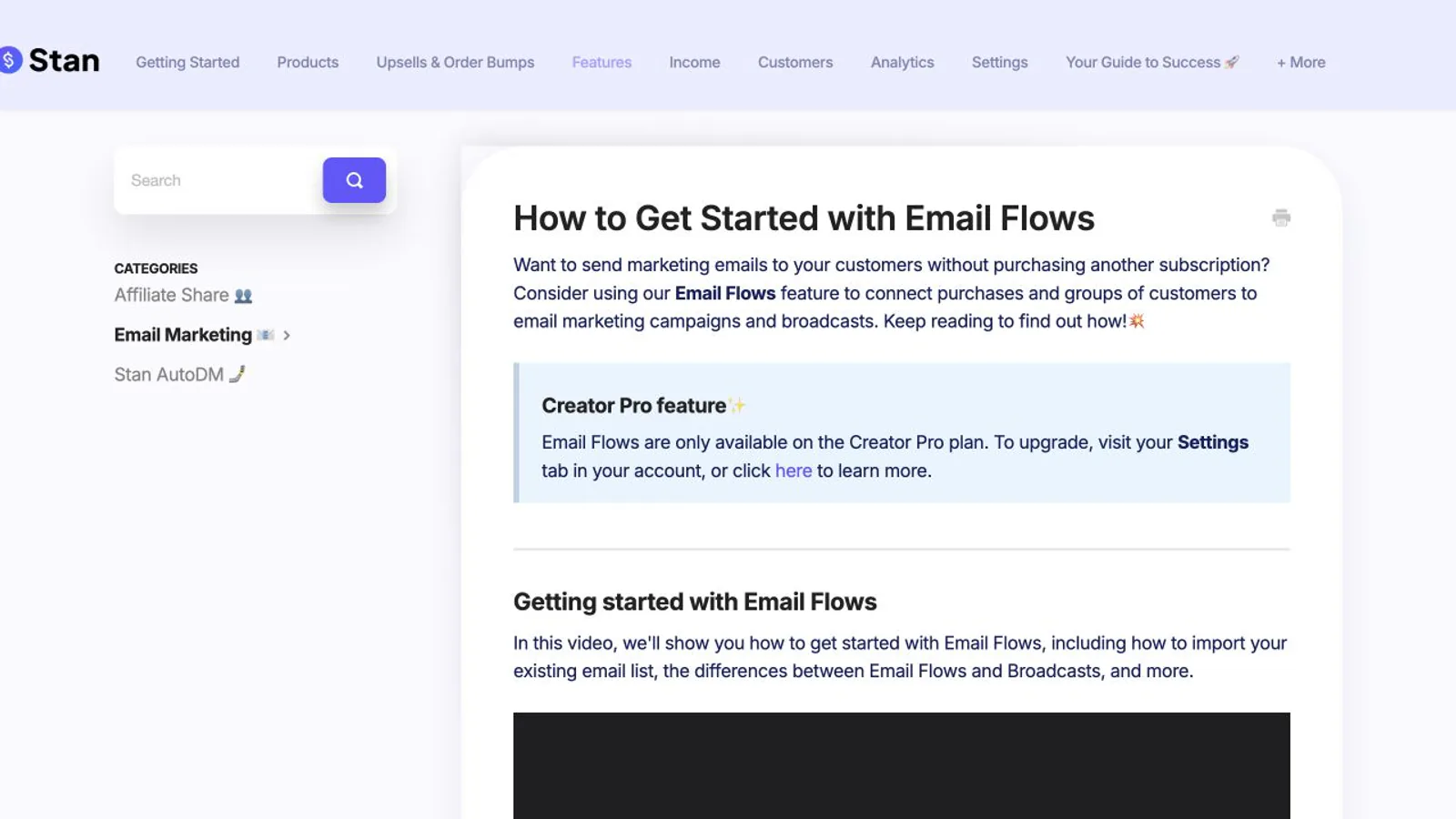Stan help page showing email-flow setup.