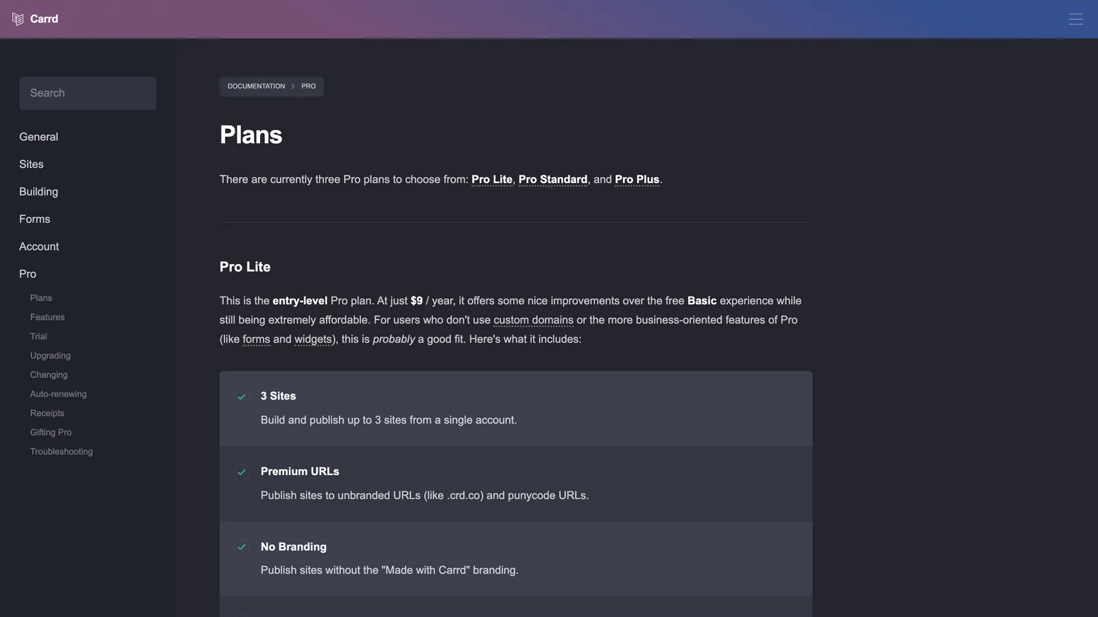 Carrd Pro plan page showing custom one-page-site features.
