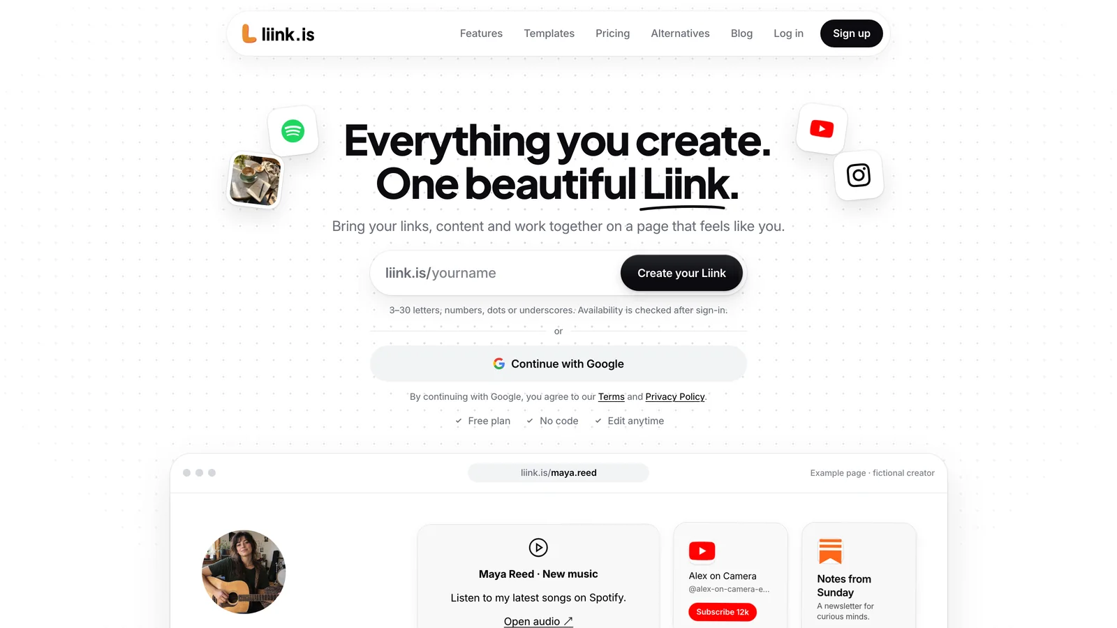 Liink homepage showing its visual link-in-bio builder above a sample creator page with music, video and newsletter cards.