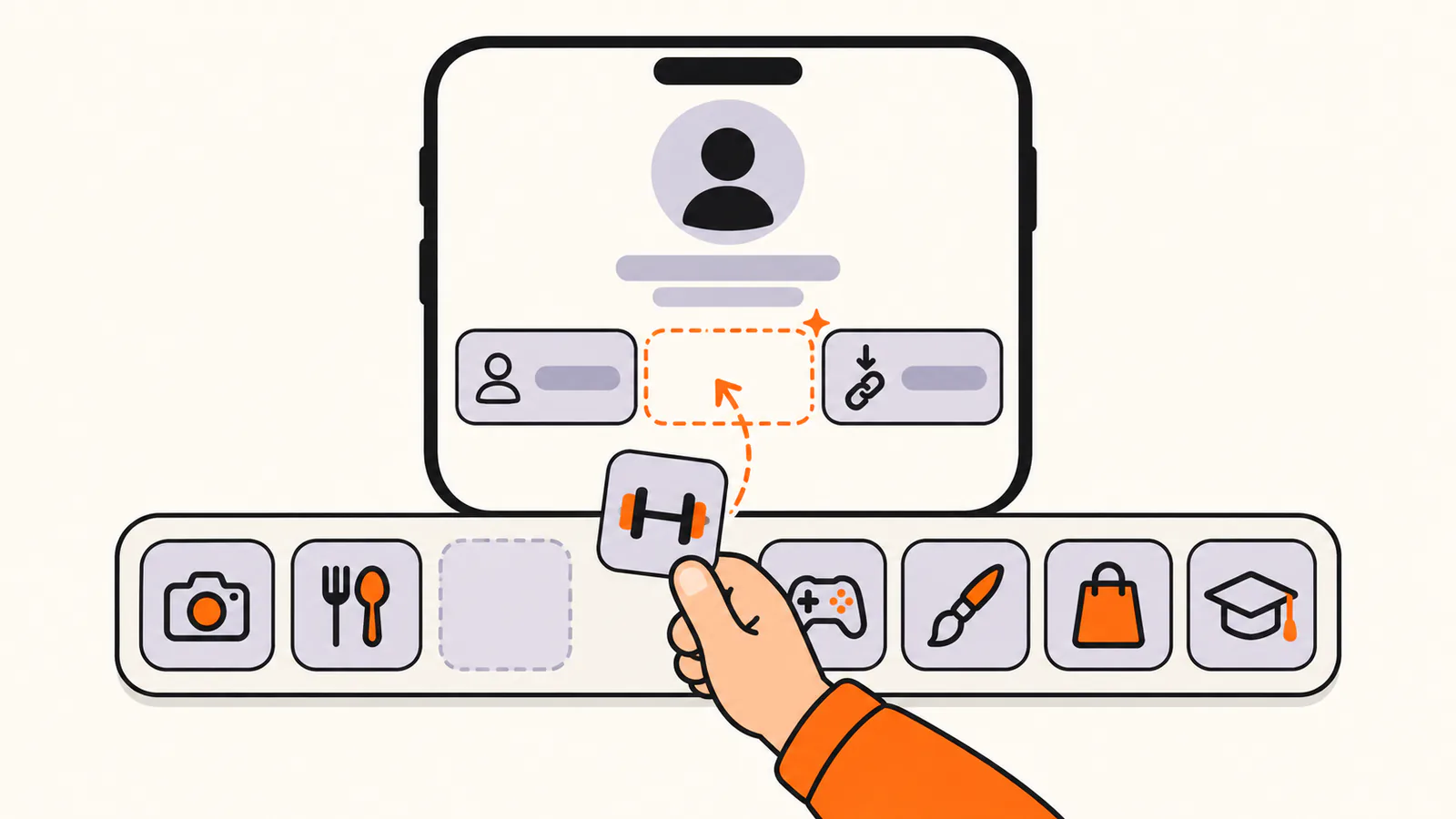 Bio template with fixed who-you-are and link slots while a hand moves a dumbbell tile from a tray of camera, food, gaming, art, shopping and study tiles into the empty middle slot