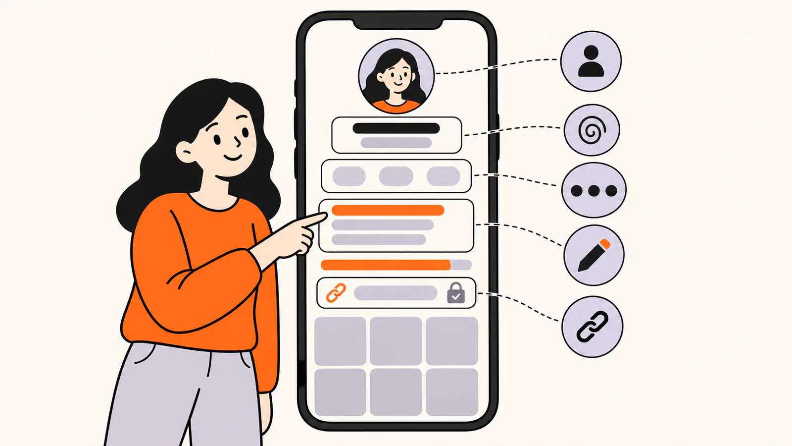 Phone showing a short-video profile split into its parts: avatar, name and username, stats, a short bio area above a nearly full length meter, and a link row with a padlock badge