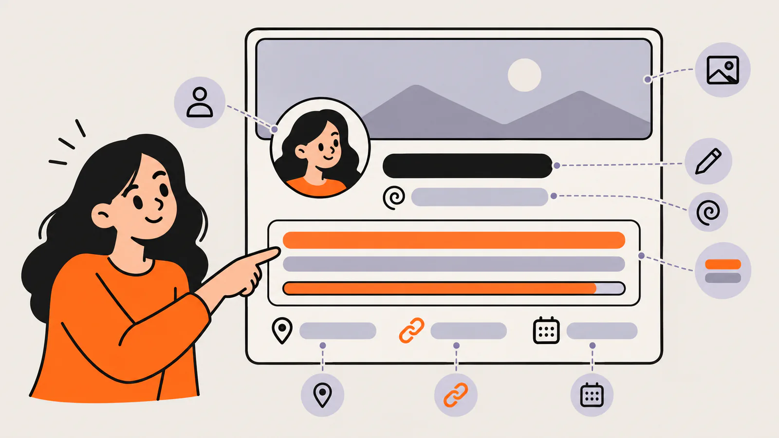 Desktop social profile header split into its parts: banner, avatar, name, handle, a two-line bio above a nearly full length meter, and a row with location, link and calendar icons, as a person points at the bio