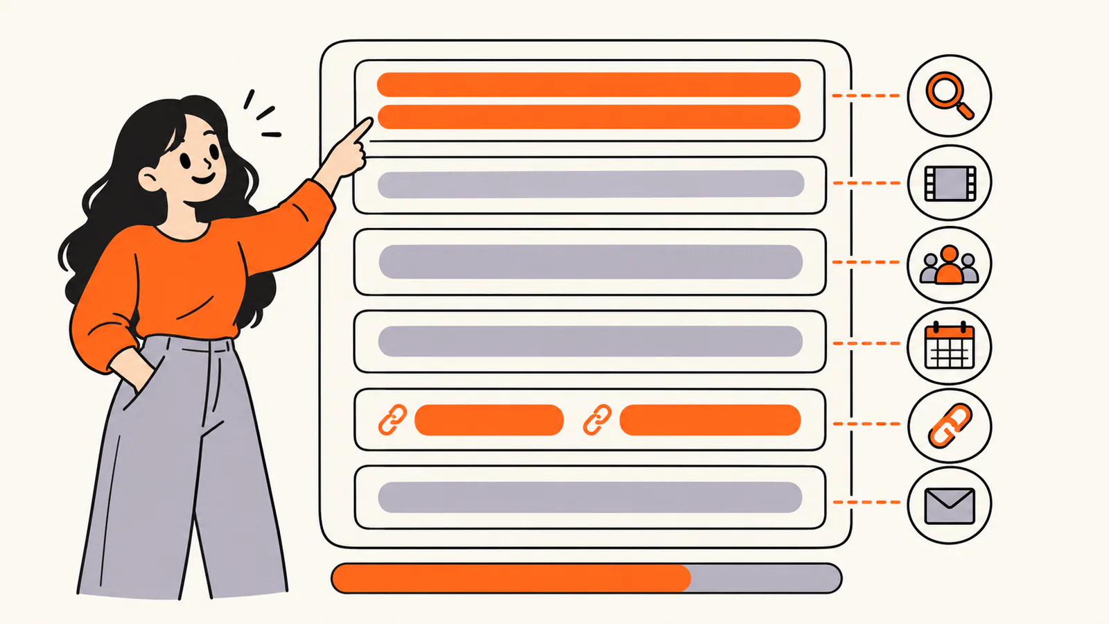 Channel About panel split into parts: highlighted first lines with a magnifying glass, then lines for topic, audience, upload schedule, links and business email, above a two-thirds full meter, as a creator points at the first lines